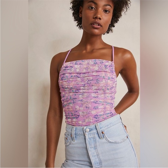 Free People Intimately Lilac Purple Bodysuit Butterfly mesh lace up size L - Picture 3 of 9